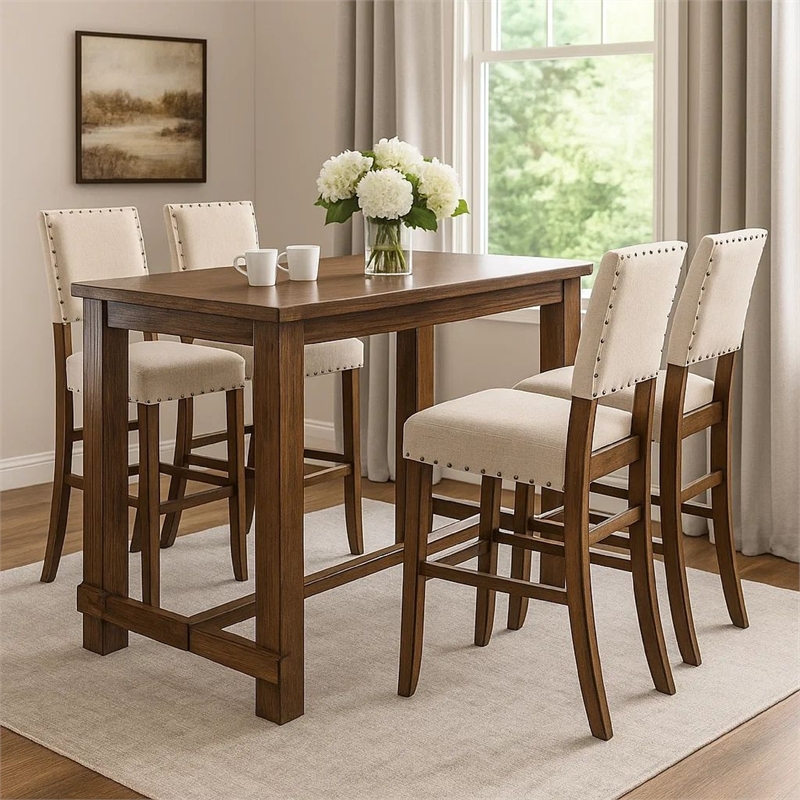 Pemberly Row 5 Piece Bar Height Table and Chair Set Ivory Linen Rustic Oak Wood