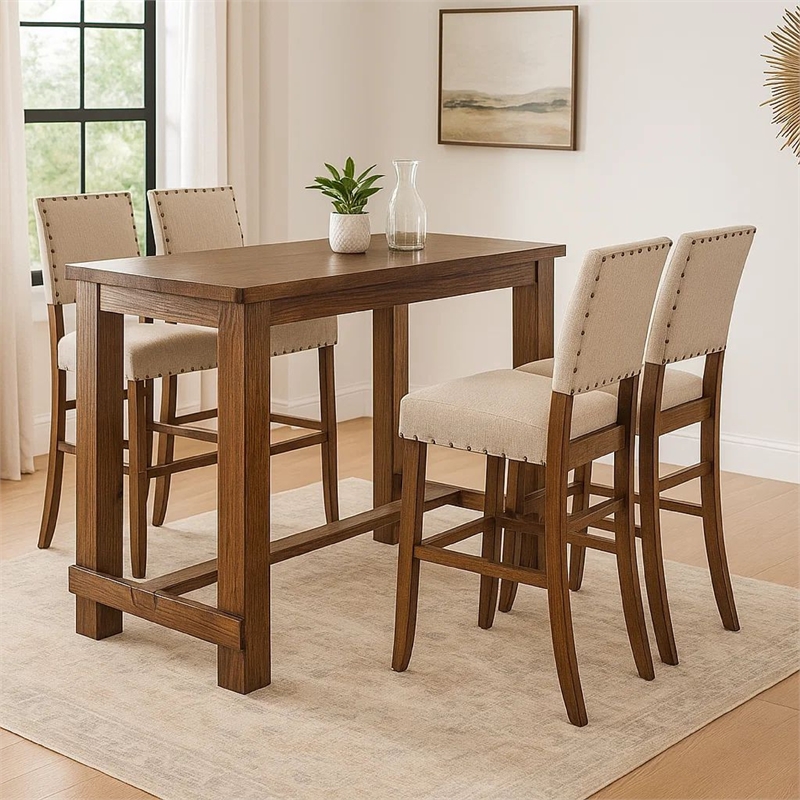 Pemberly Row 5 Piece Bar Height Table and Chair Set Ivory Linen Rustic Oak Wood