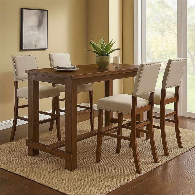 Pemberly Row 5 Piece Bar Height Table and Chair Set Ivory Linen Rustic Oak Wood