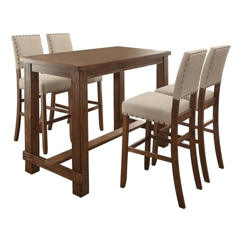 Pemberly Row 5 Piece Bar Height Table and Chair Set Ivory Linen Rustic Oak Wood