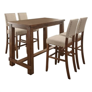 Pemberly Row 5 Piece Bar Height Table and Chair Set Ivory Linen Rustic Oak Wood