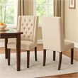 Pemberly Row Dining Chair Set of 2 Dark Brown Wood Tufted Beige Wingback