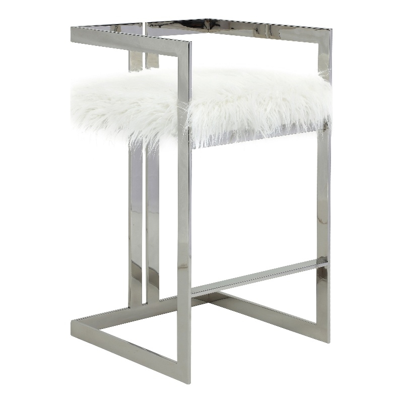 Pemberly Row 30 Inch Barstool Chair White Faux Fur Silver Stainless Steel