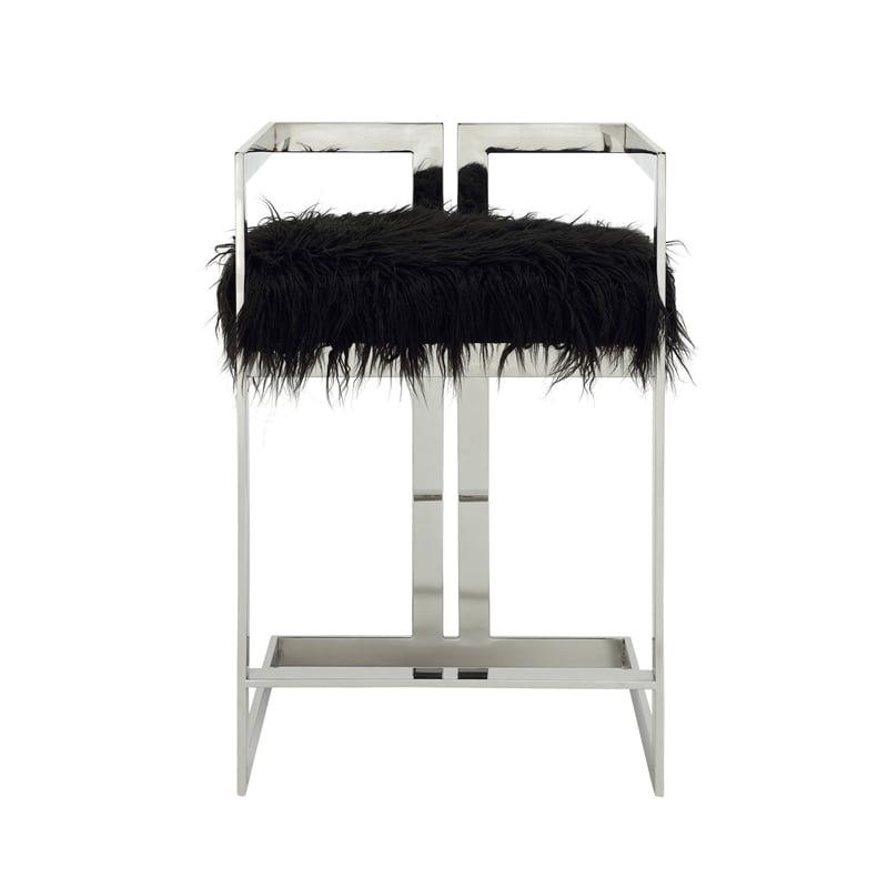 Pemberly Row 26 Inch Counter Stool Chair Black Faux Fur Silver Stainless Steel