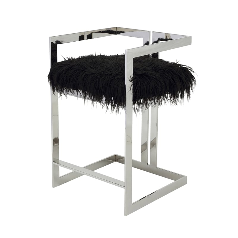 Pemberly Row 26 Inch Counter Stool Chair Black Faux Fur Silver Stainless Steel