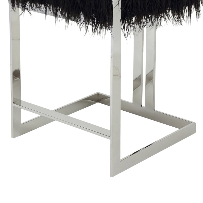 Pemberly Row 26 Inch Counter Stool Chair Black Faux Fur Silver Stainless Steel