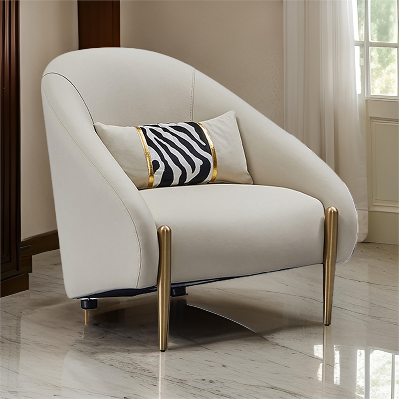 Pemberly Row 33 Inch Accent Chair Curved Gray Real Leather with Gold Metal