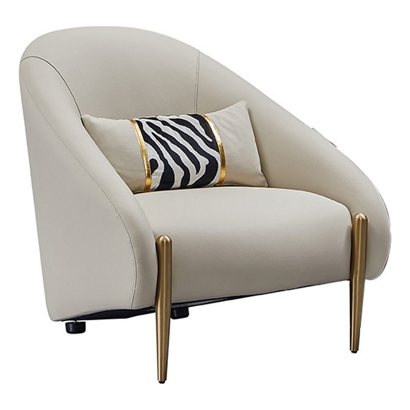 Pemberly Row 33 Inch Accent Chair Curved Gray Real Leather with Gold Metal