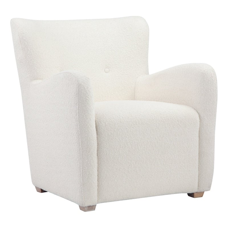 Pemberly Row 33 Inch Lounge Chair White Boucle Fabric Wing Back Design Wood