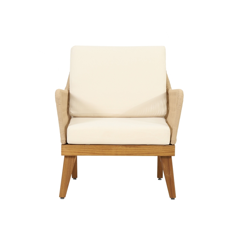 Pemberly Row Accent Club Chair Ivory Cushions Rope Weaving Brown Acacia Wood