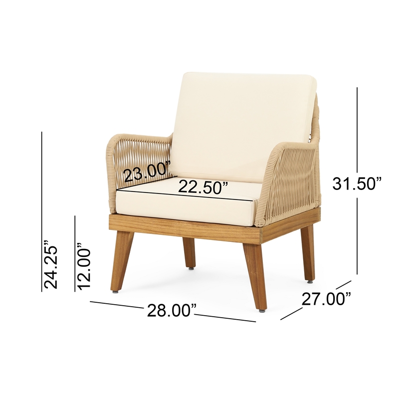 Pemberly Row Accent Club Chair Ivory Cushions Rope Weaving Brown Acacia Wood
