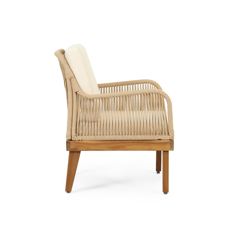 Pemberly Row Accent Club Chair Ivory Cushions Rope Weaving Brown Acacia Wood