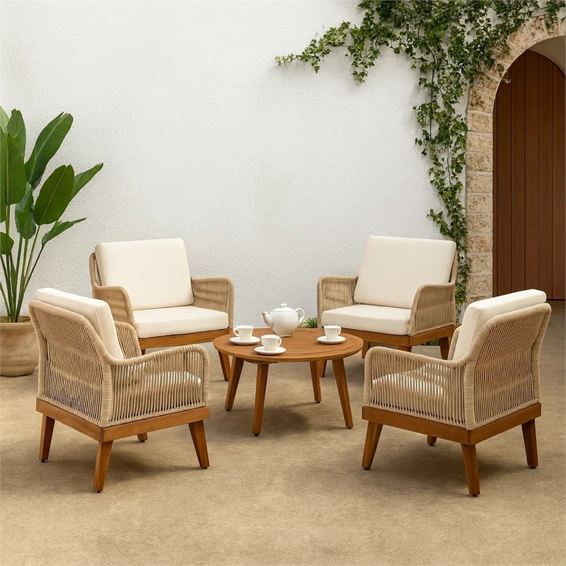 Pemberly Row Accent Club Chair Ivory Cushions Rope Weaving Brown Acacia Wood