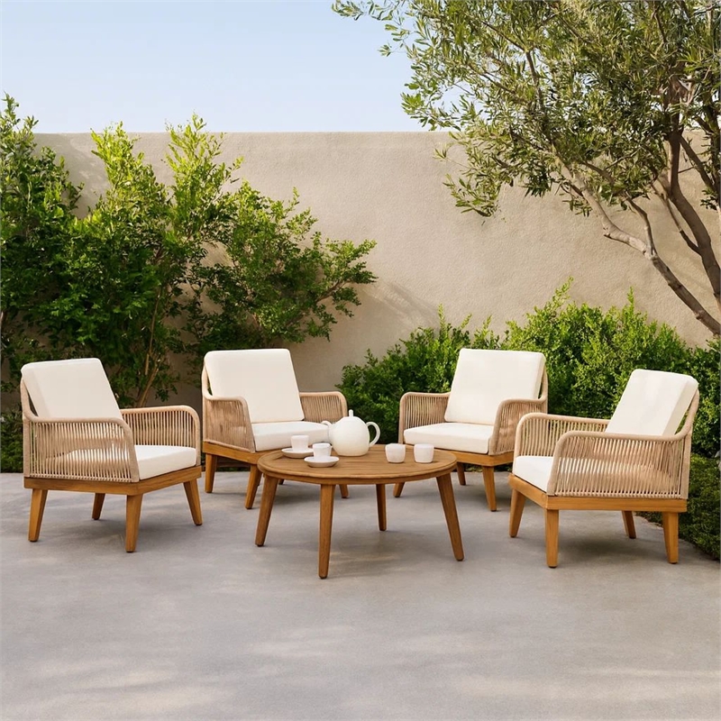 Pemberly Row Accent Club Chair Ivory Cushions Rope Weaving Brown Acacia Wood