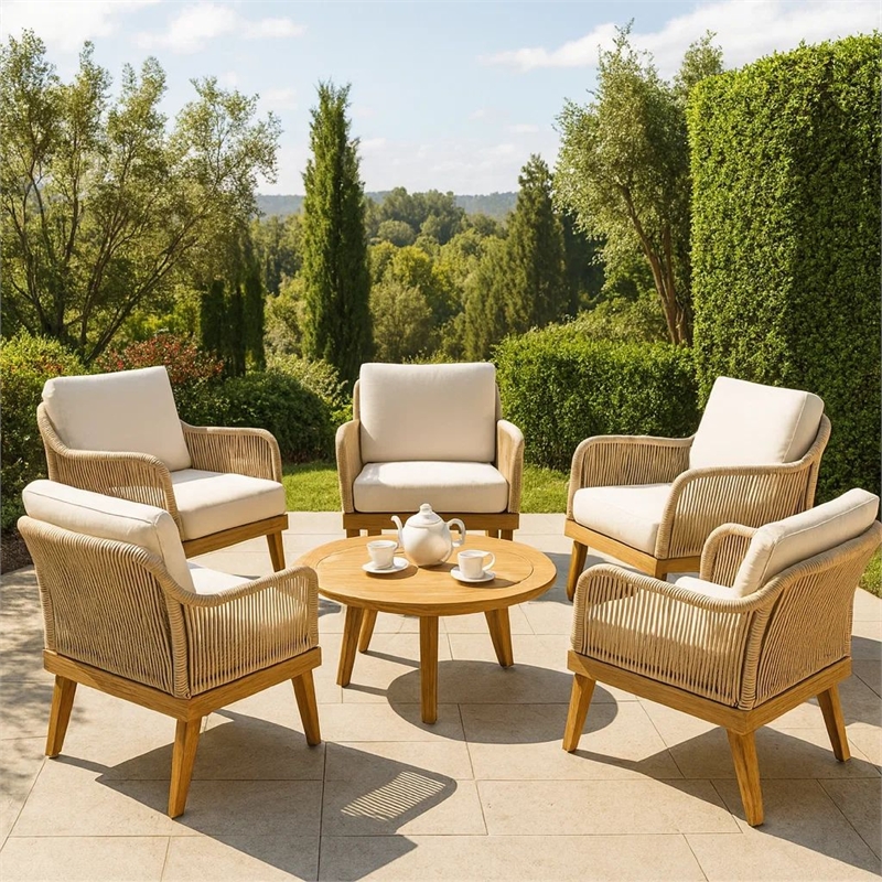 Pemberly Row Accent Club Chair Ivory Cushions Rope Weaving Brown Acacia Wood