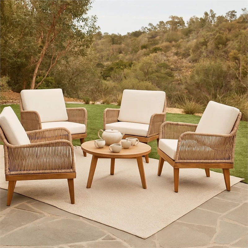 Pemberly Row Accent Club Chair Ivory Cushions Rope Weaving Brown Acacia Wood
