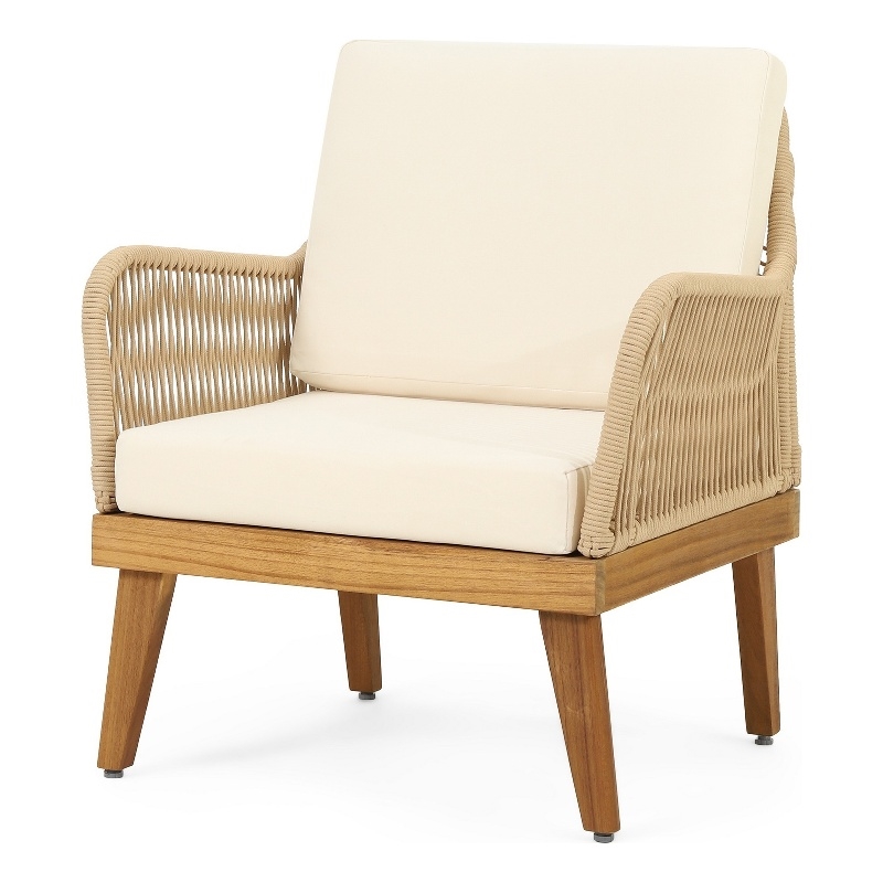 Pemberly Row Accent Club Chair Ivory Cushions Rope Weaving Brown Acacia Wood