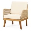 Pemberly Row Accent Club Chair Ivory Cushions Rope Weaving Brown Acacia Wood