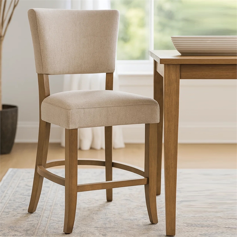 Pemberly Row Counter Stool Chair Light Gray Fabric Oak Brown Solid Wood
