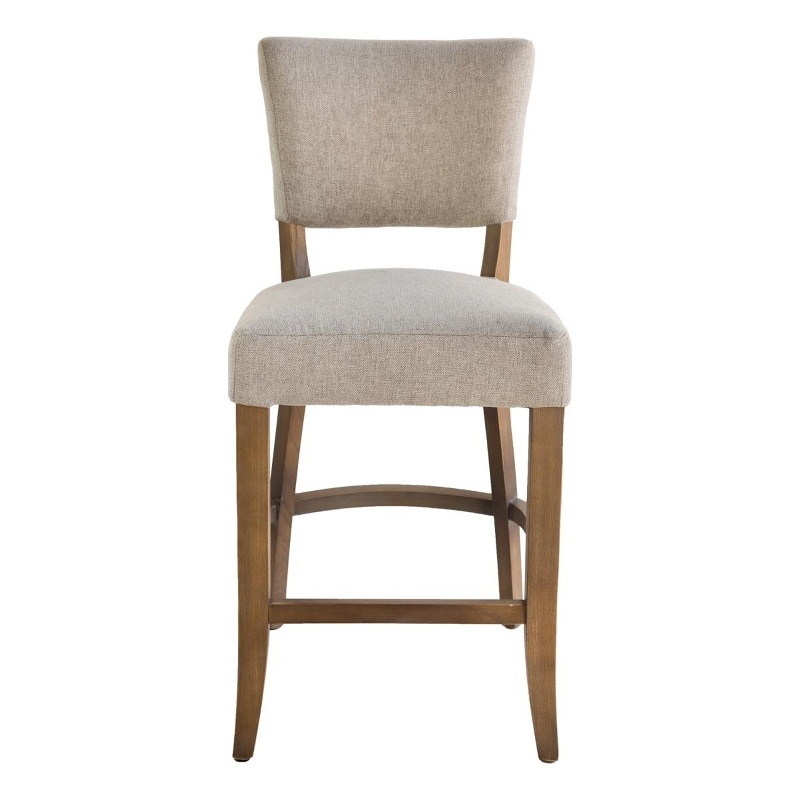 Pemberly Row Counter Stool Chair Light Gray Fabric Oak Brown Solid Wood