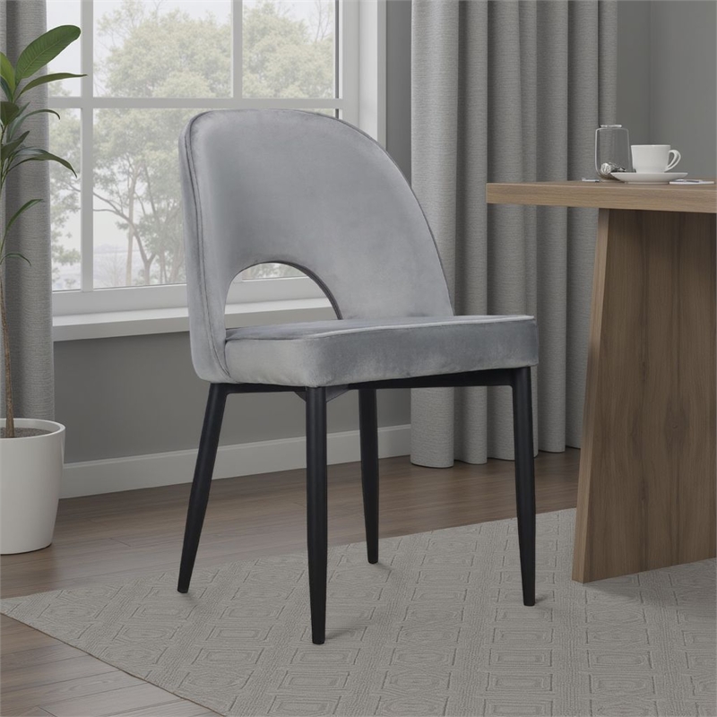 Pemberly Row Set of 2 Dining Chair Gray Fabric Cut Out Backrest Black Legs