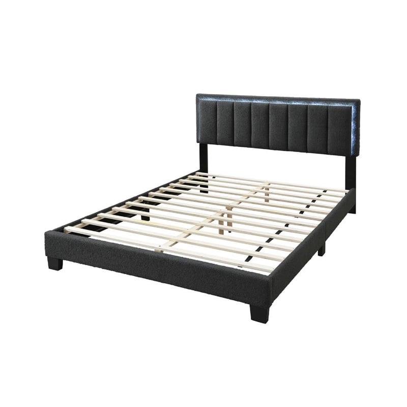 Pemberly Row Queen Size Bed with LED Headboard Charcoal Gray Wool Upholstery