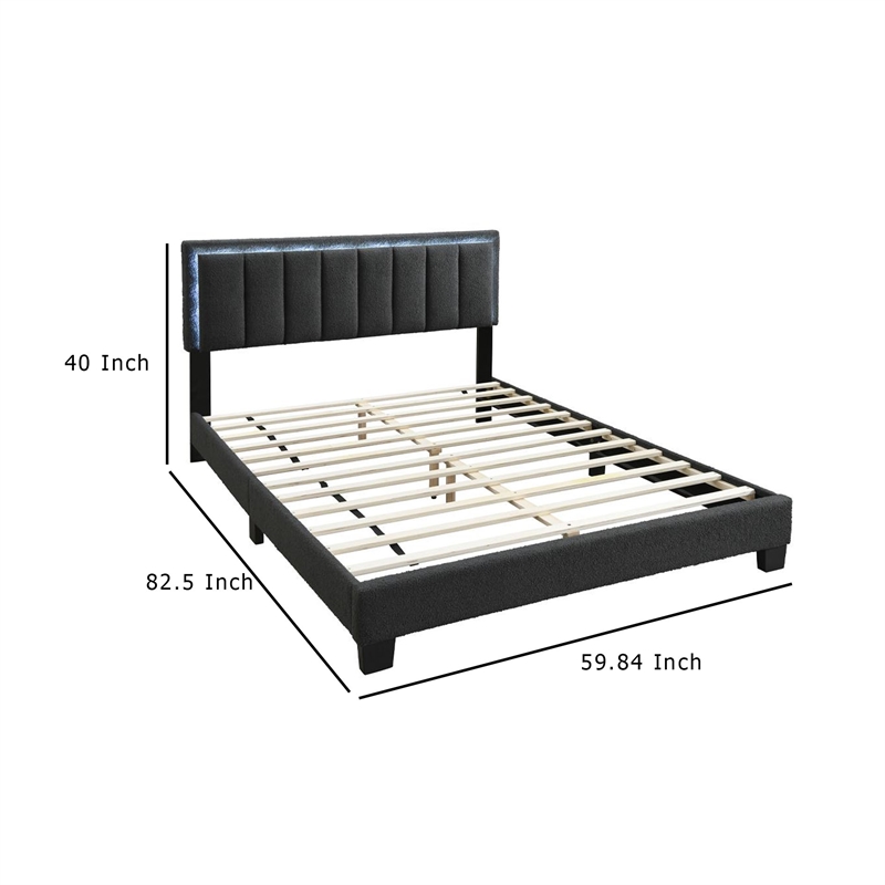 Pemberly Row Queen Size Bed with LED Headboard Charcoal Gray Wool Upholstery