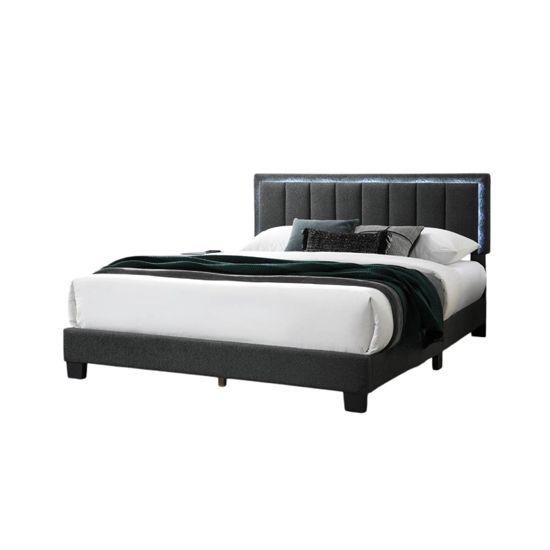 Pemberly Row Queen Size Bed with LED Headboard Charcoal Gray Wool Upholstery