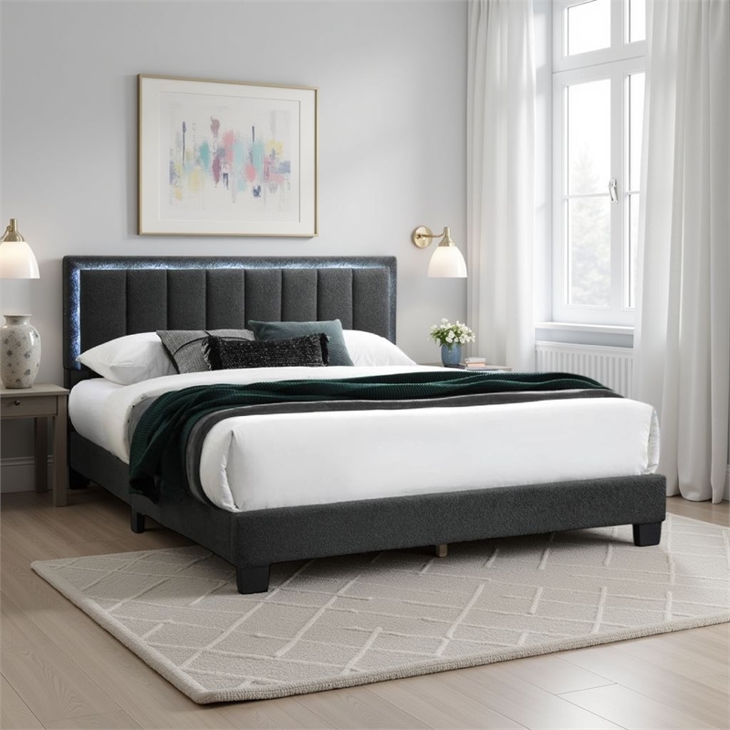 Pemberly Row Queen Size Bed with LED Headboard Charcoal Gray Wool Upholstery