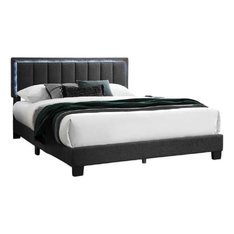 Pemberly Row Queen Size Bed with LED Headboard Charcoal Gray Wool Upholstery