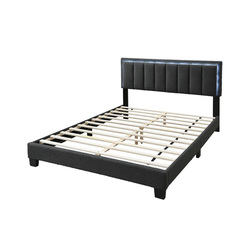 Pemberly Row Queen Size Bed with LED Headboard Charcoal Gray Wool Upholstery