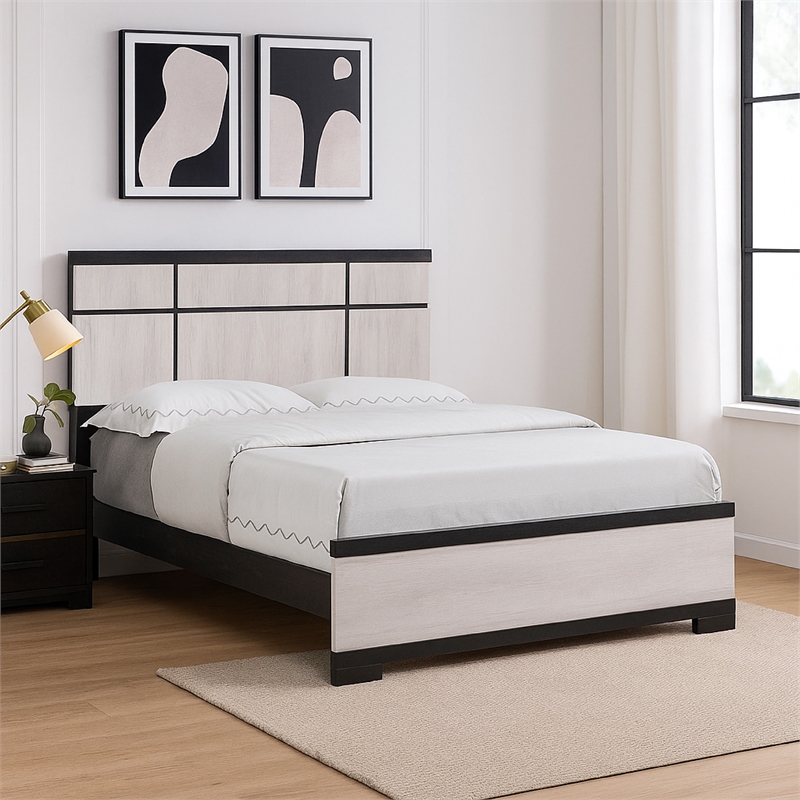 Pemberly Row Queen Panel Bed with Horizontal Trim Lines White Grained Wood