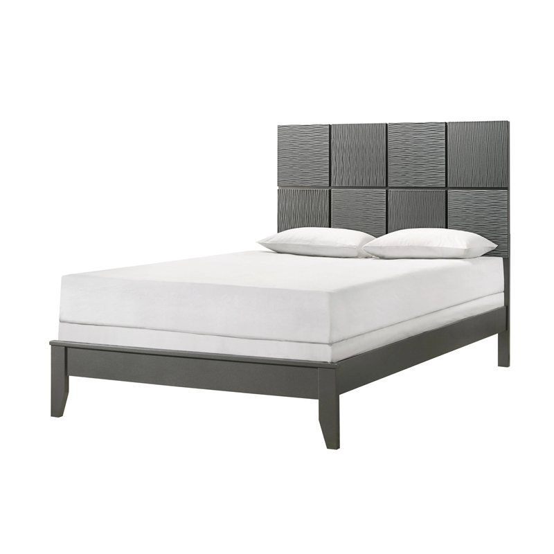 Pemberly Row Full Size Bed Patterned Headboard Tapered Legs in Metallic Gray