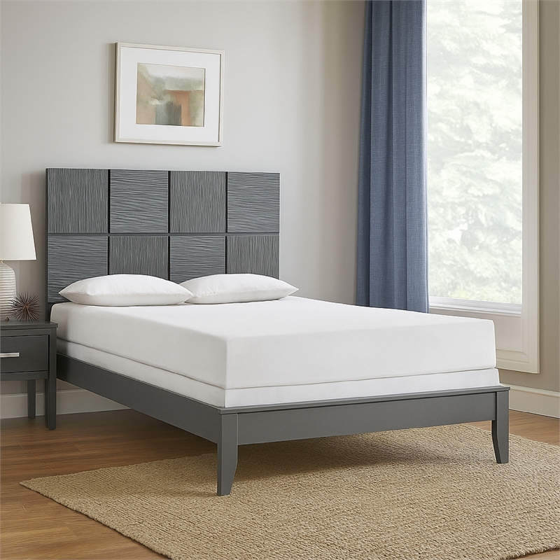 Pemberly Row Full Size Bed Patterned Headboard Tapered Legs in Metallic Gray