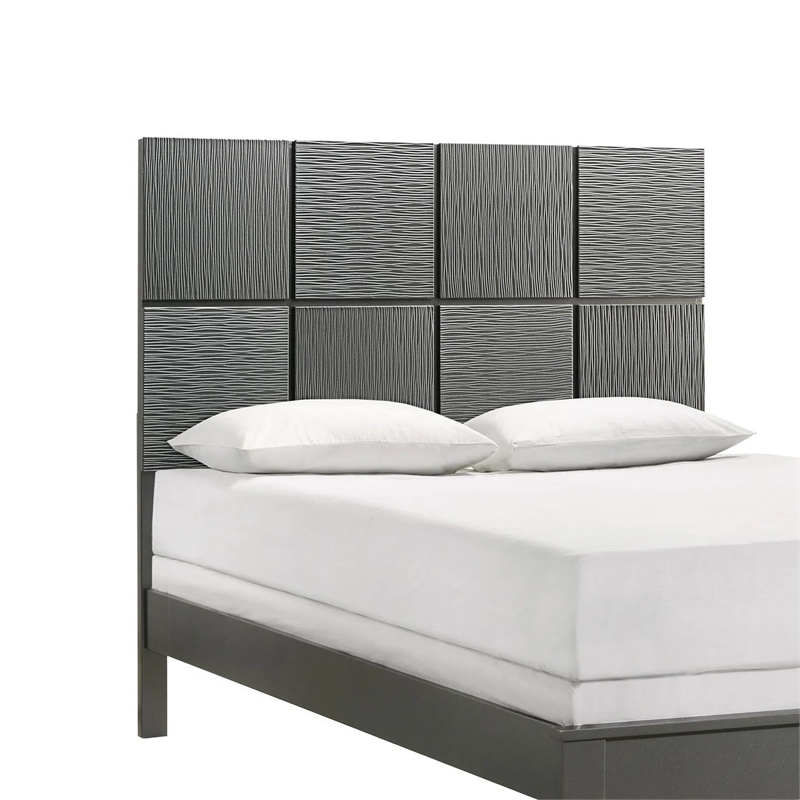 Pemberly Row Full Size Bed Patterned Headboard Tapered Legs in Metallic Gray