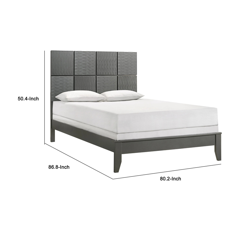 Pemberly Row Full Size Bed Patterned Headboard Tapered Legs in Metallic Gray