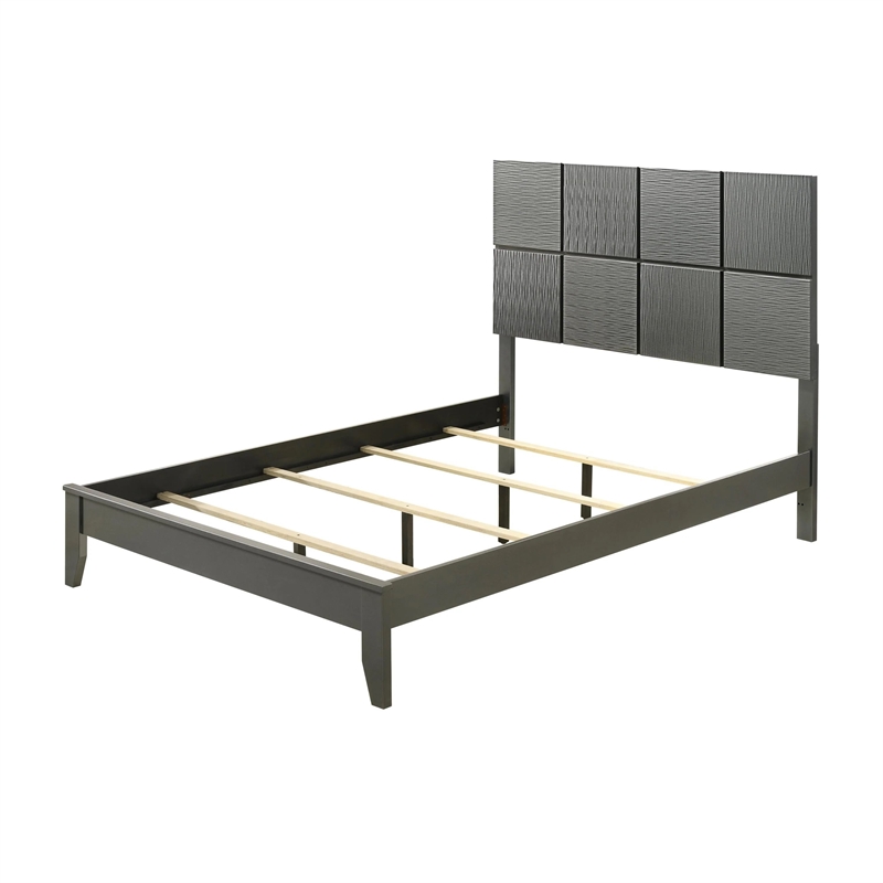 Pemberly Row Full Size Bed Patterned Headboard Tapered Legs in Metallic Gray
