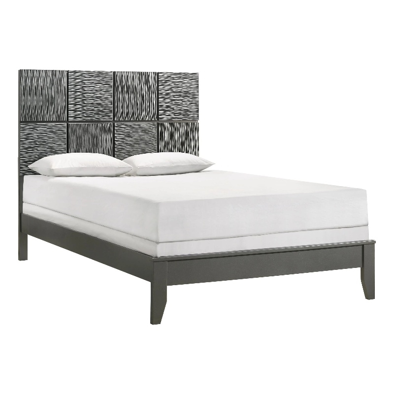 Pemberly Row Full Size Bed Patterned Headboard Tapered Legs in Metallic Gray