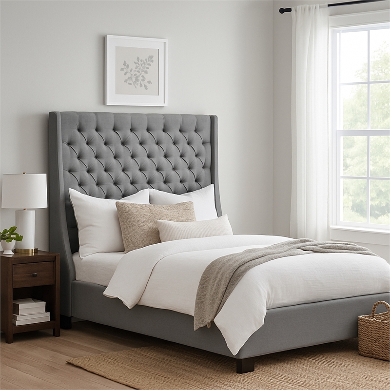 Pemberly Row King Size Bed in Dark Gray Linen Upholstery Wingback Headboard