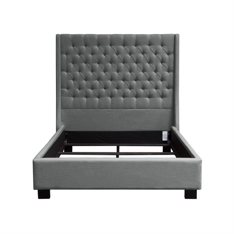 Pemberly Row King Size Bed in Dark Gray Linen Upholstery Wingback Headboard