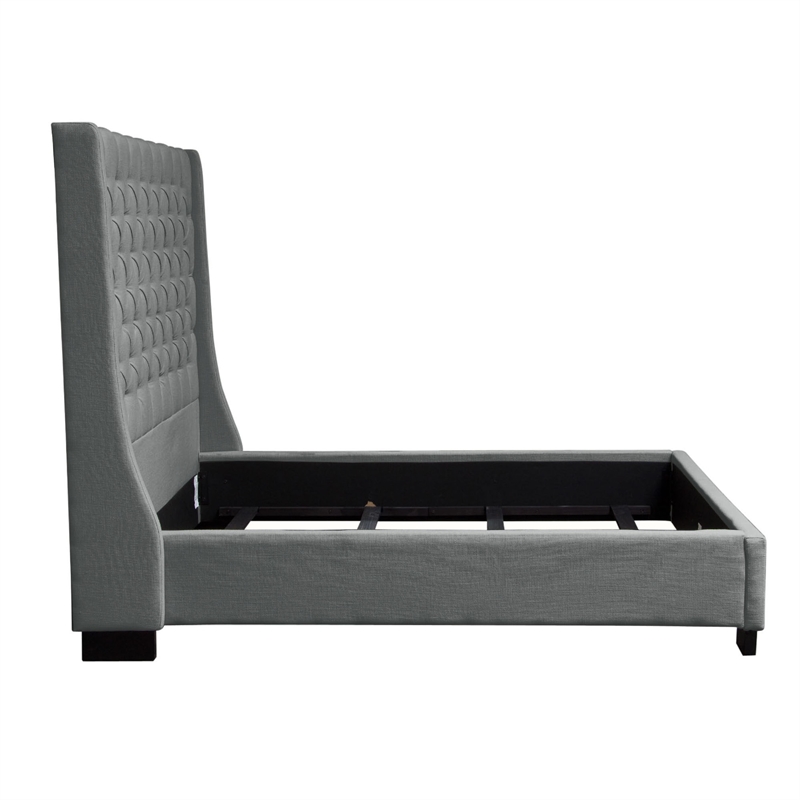 Pemberly Row King Size Bed in Dark Gray Linen Upholstery Wingback Headboard