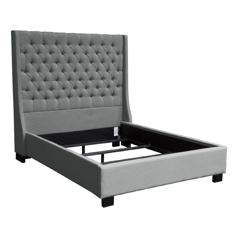Pemberly Row King Size Bed in Dark Gray Linen Upholstery Wingback Headboard