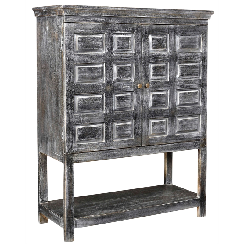 Pemberly Row 2-Door 3-Shelf Solid Wood Tall Boy Cabinet in Distressed Gray