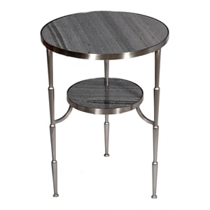 Pemberly Row 2-Tier Cast Iron Side Table with Gray Marble in Satin Nickel