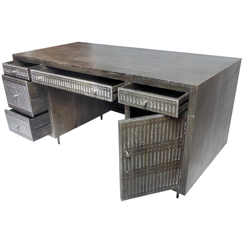 Pemberly Row 5-Drawer Hand-Carved Mango Wood Executive Desk in Antique Brown