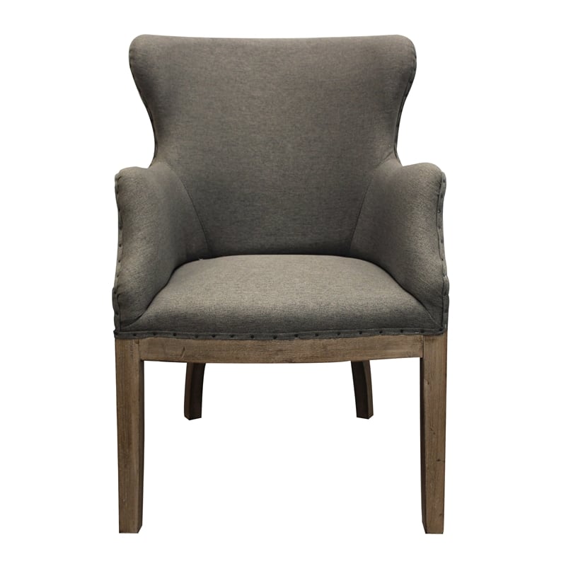 Pemberly Row Exposed Wood Arm Chair in Gray Linen Blend with Nailhead Trim