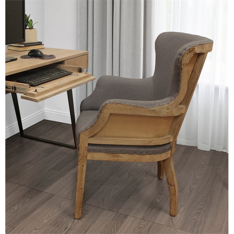 Pemberly Row Exposed Wood Arm Chair in Gray Linen Blend with Nailhead Trim
