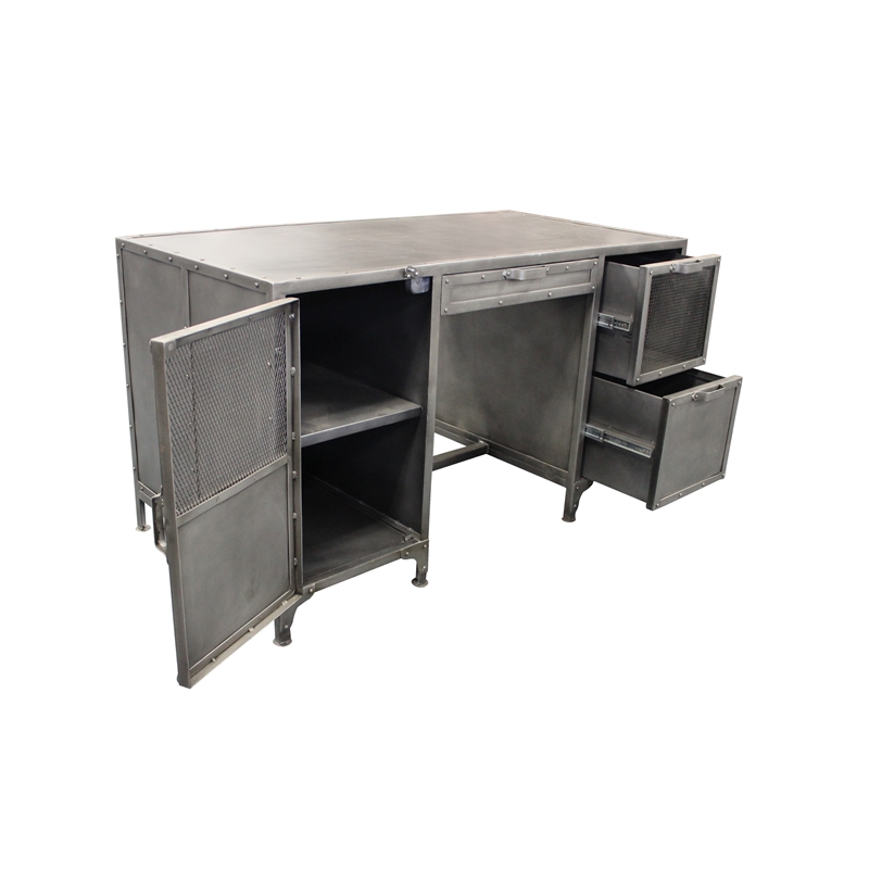 Pemberly Row Industrial Metal Desk with 3 Drawers and 1 Door in Gray