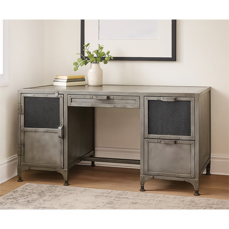 Pemberly Row Industrial Metal Desk with 3 Drawers and 1 Door in Gray