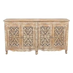 Pemberly Row Hand-Carved Solid Wood 4-Door Sideboard in Antique White